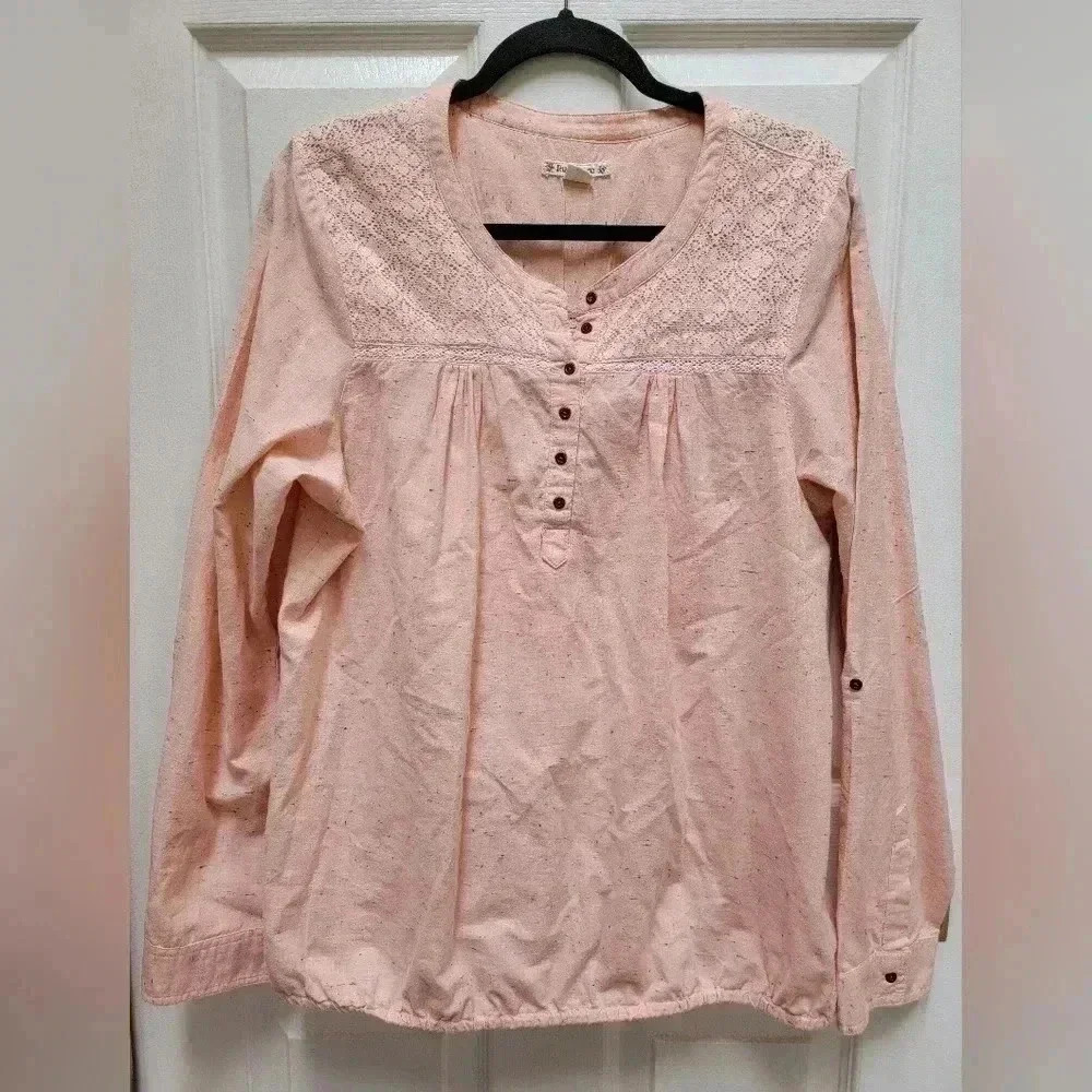 Ruff Hewn Peach Lace Front Speckled Long Sleeve 3/4 Button Down  Blouse Size XL